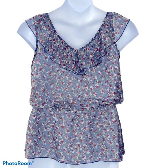Maurices Sheer Button Up Peplum Hem Floral Sleeveless Top size Large - Picture 4 of 13